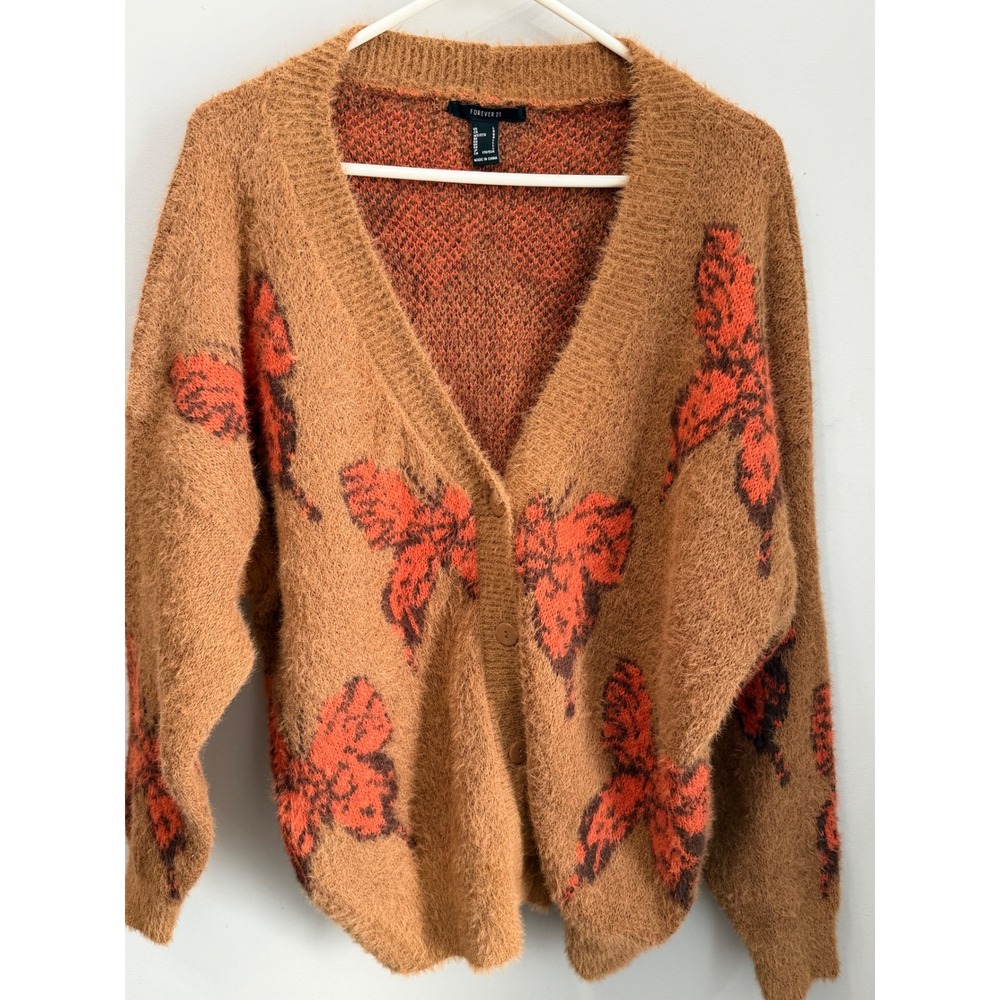 Forever 21 Womens Fuzzy Butterfly Knit Cardigan Sweater Brown Orange Large L